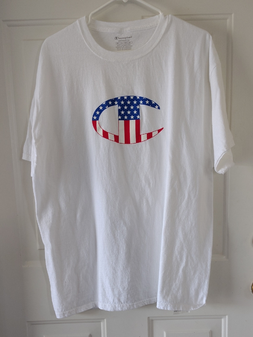 Champion White T-Shirt with Red, Blue American Flag C Logo Patriotic July 4th